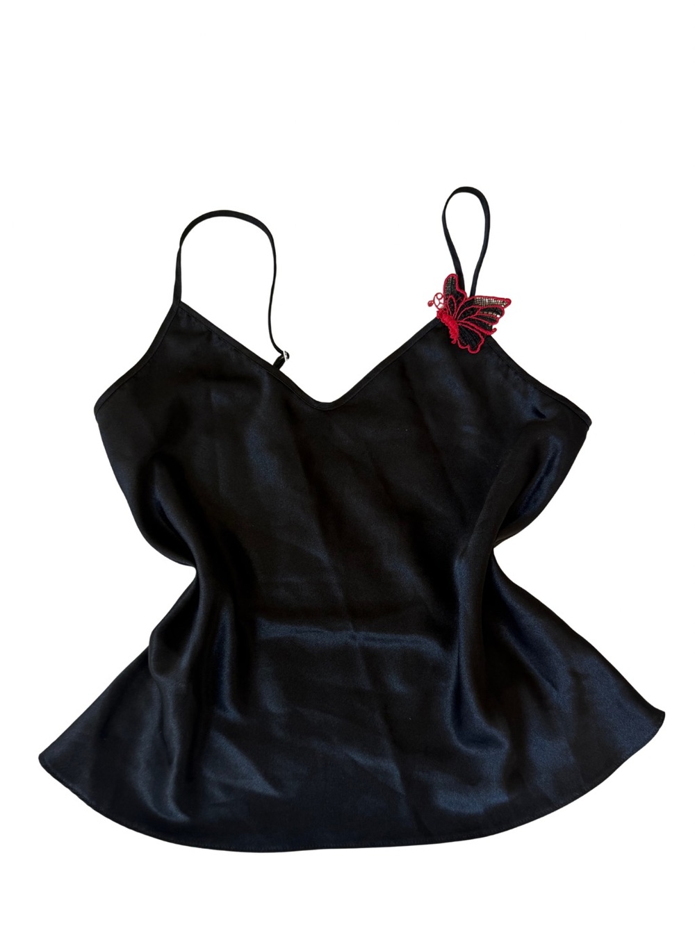 Black Silk-Feel Cami Top with Red Butterfly Accent